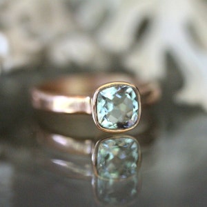 Genuine Aquamarine 14K Rose Gold Ring, Gemstone Ring, Cushion Cut Aquamarine Ring, Eco Friendly, Engagement Ring - Custom Made For You