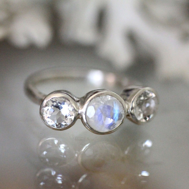 Rainbow Moonstone and White Topaz Sterling Silver Ring Etsy
