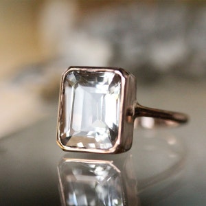 Emerald Cut White Topaz 14K Rose Gold Ring, Cocktail Ring, Gemstone Ring, Recycled Gold Ring - Custom Made For You