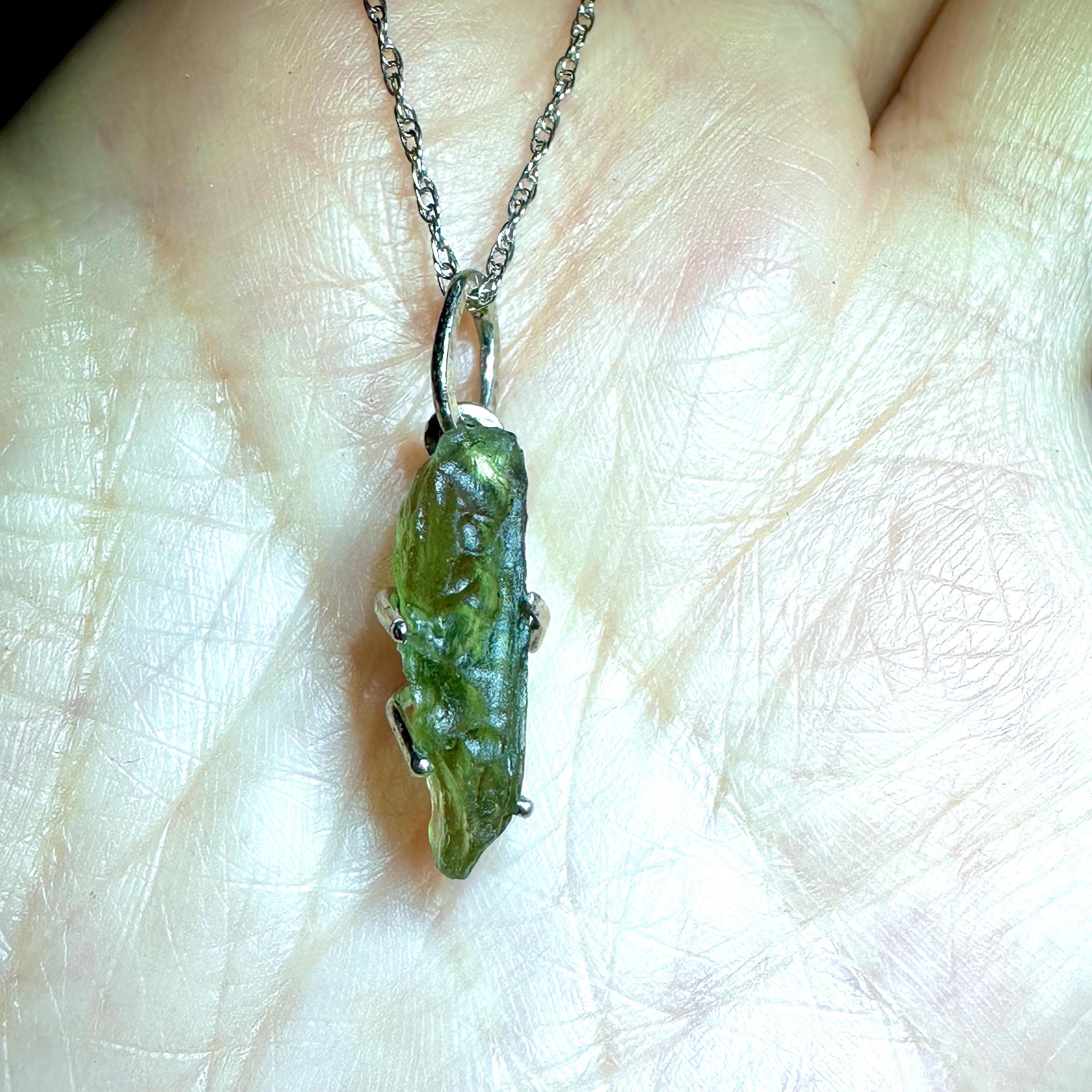 Moldavite 14k White Gold Pendant, Gemstone, Birthstone, Statement Necklace - Ship In The Next 9 Days