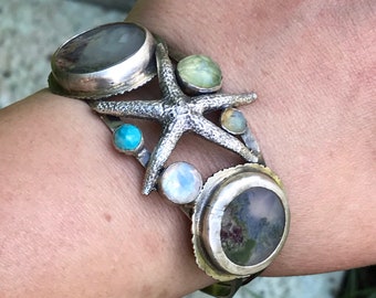 Starfish Agate Argentium Sterling Silver Bracelet, Rainbow Moonstone, Turquoise, Prehnite Ocean Bangle ~ Ship In The Next 9 Days