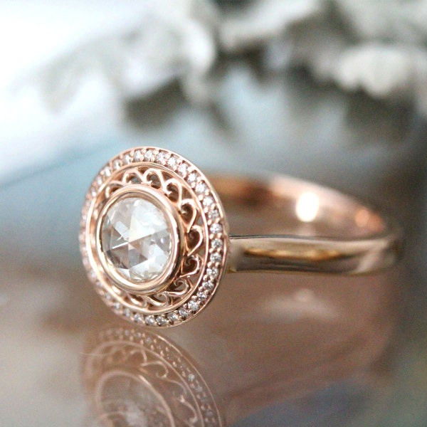 Rose Cut White Diamond 14K Rose Gold Ring, Diamond Ring, Engagement Ring, Gemstone Ring, Stacking Ring, Anniversary Ring - Made To Order