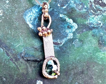 Blue Green Rose Cut Diamond 14K Rose Gold, Eco-Friendly, Recycled 14k Rose Gold Necklace - Ready To Ship