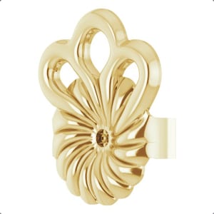 May include: Gold-toned earring with a swirl design and a decorative top with three loops.