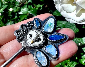 Porcelain Snowy Owl Australian Boulder Opal Sterling Silver Pendant, Nature Inspired Owl Necklace, Personalized Owl Pendant - Ready To Ship