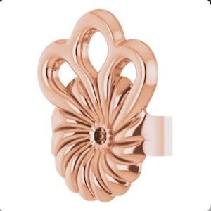 May include: Rose gold earring with a swirl design and a decorative top.