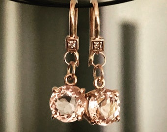 Morganite & Diamond 14K Gold Dangle Earrings, French Wire Earrings, French Hook Earrings, Recycled Gold Earrings - Custom Made For Your