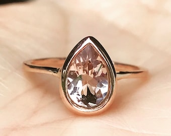 Morganite 14K Rose Gold Engagement Ring, Stacking Ring, Gemstone Ring, Pear Shape Gold Ring, Recycled Gold Ring - Custom Made For You