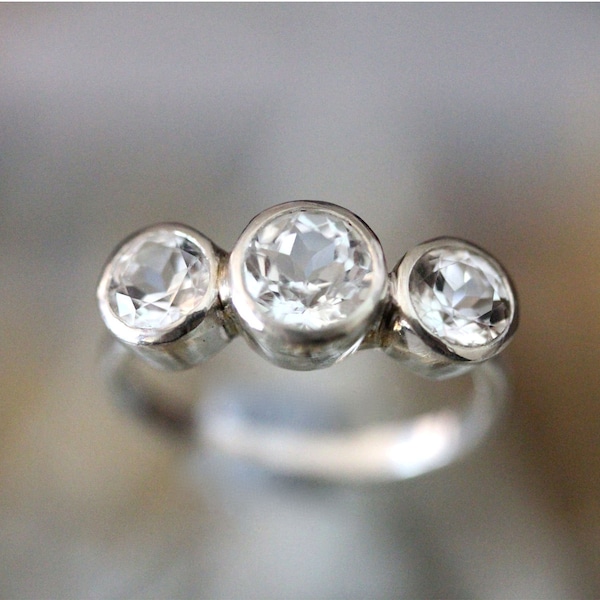 White Topaz Sterling Silver Ring, Gemstone Ring, Three Stones Ring, Engagement Ring, Recycled Sterling Silver Ring - Custom Made For You