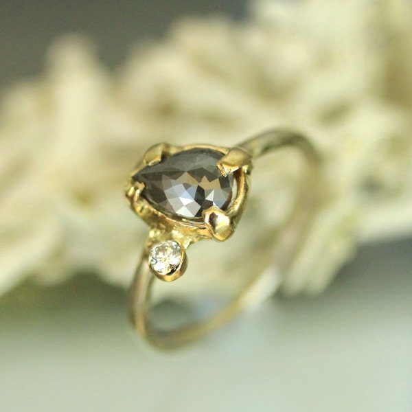 Gray Rose Cut Diamond 14K Yellow Gold and White Gold Engagement Ring, Gemstone RIng, Stacking Ring, Eco Friendly - Ship In The Next 9 Days