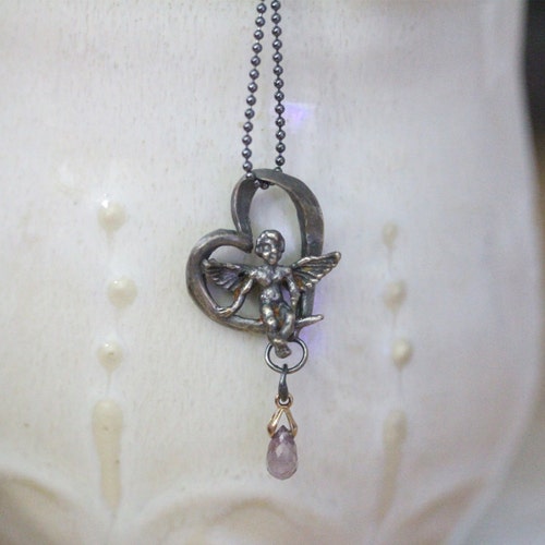 Little Cupid Sterling Silver Heart Sapphire Pendant, Recycled Sterling Necklace, Birthstone, Statement Necklace - Ship In The Next 9 shops Days
