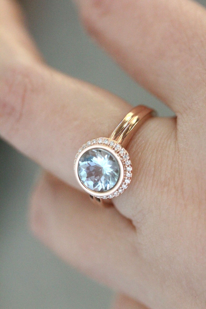 Aquamarine 14K Rose Gold Ring Aquamarine and Diamond Ring Etsy