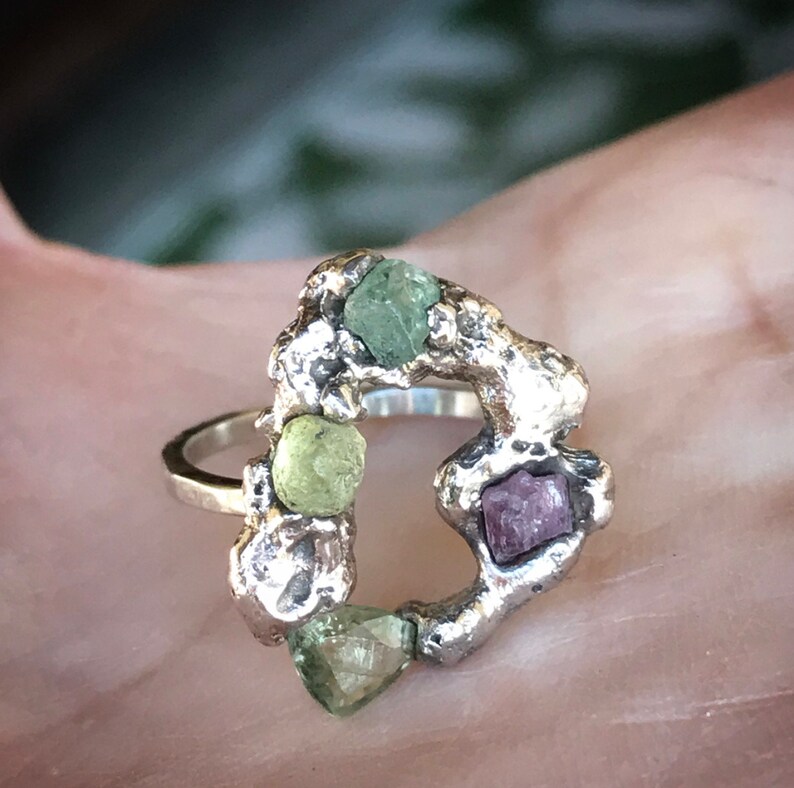 Recycled Gold Ring Raw Sapphire 14K White Gold Ring Unique Statement Sapphire Gold Ring Colorful Sapphire Ready To Ship