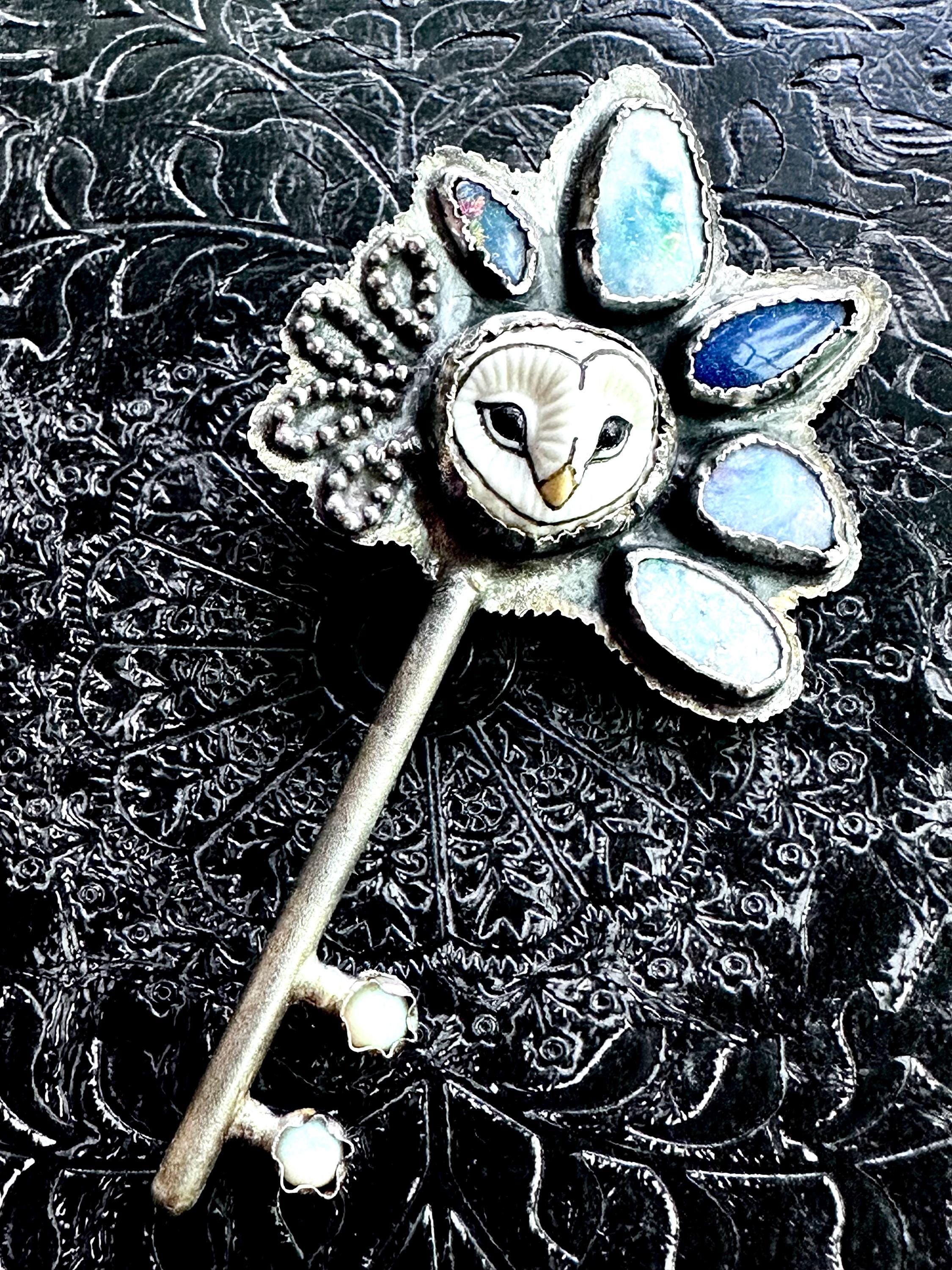 Porcelain Snowy Owl Australian Boulder Opal Sterling Silver Pendant, Nature Inspired Owl Necklace, P