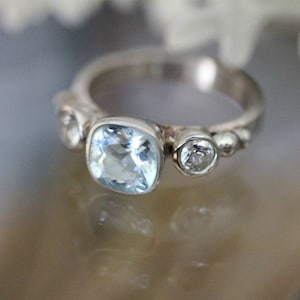 Aquamarine And White Sapphire Gold Ring, Gemstone Ring, Three Stones Ring, Engagement Ring, Stacking Ring, Eco Friendly- Custom Made For You