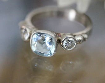 Aquamarine And White Sapphire Gold Ring, Gemstone Ring, Three Stones Ring, Engagement Ring, Stacking Ring, Eco Friendly- Custom Made For You