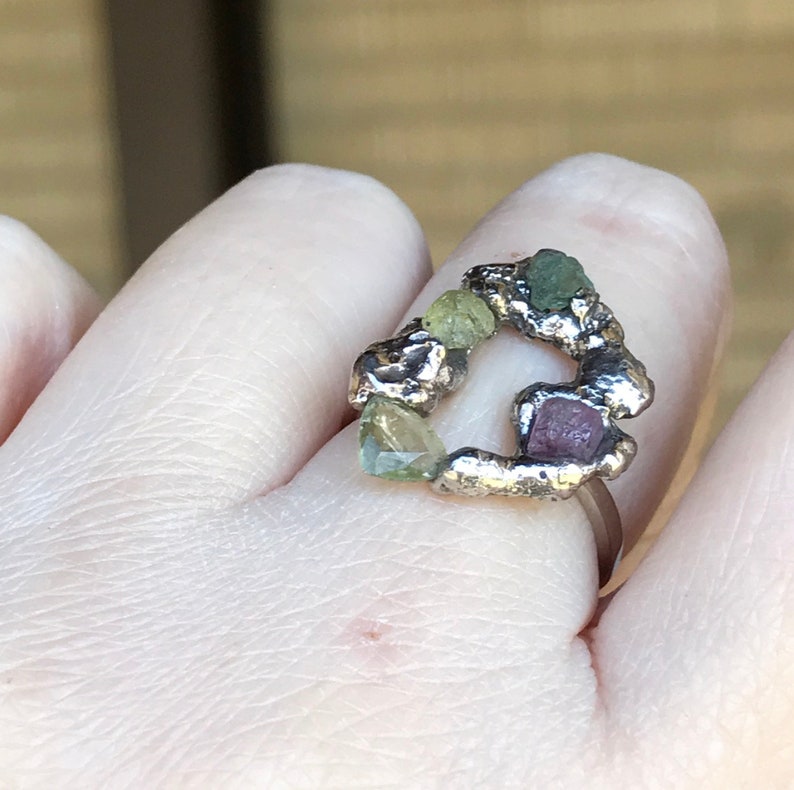 Recycled Gold Ring Raw Sapphire 14K White Gold Ring Unique Statement Sapphire Gold Ring Colorful Sapphire Ready To Ship