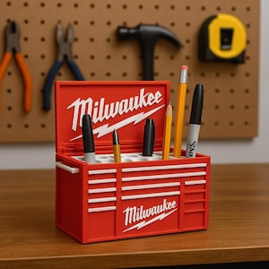 Von Milwaukee inspirierte Werkzeugkiste Stifthalter - Schreibtisch Organizer für Werkstatt & Büro - Rote Miniatur Werkzeugkiste Geschenk