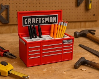 Toolbox Desk Organizer | Red Tool Chest Pen Holder | Garage Decor for Mechanics | Gifts for Tool Lovers | Workshop Office Accessory