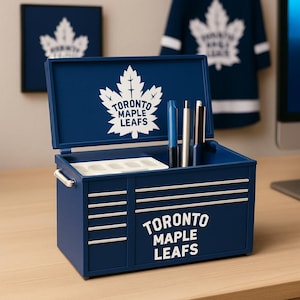 Hockey Fan Desk Organizer – Blue Tool Chest Pen Holder Gift for Him, Sporty Office Decor