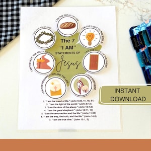 May include: A white print featuring seven circular illustrations with the text "The 7 'I AM' Statements of Jesus." Each circle contains an image and a corresponding statement from the Bible. The words "Instant Download" are also visible.