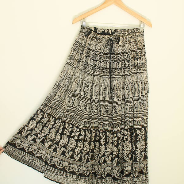 70s Indian Gauze Skirt, Cotton Maxi Skirt BOHO Gypsy Maxi Skirt, Paper Thin, High Waisted Skirt, India Cotton, Hippie, Bohemian Black Skirt