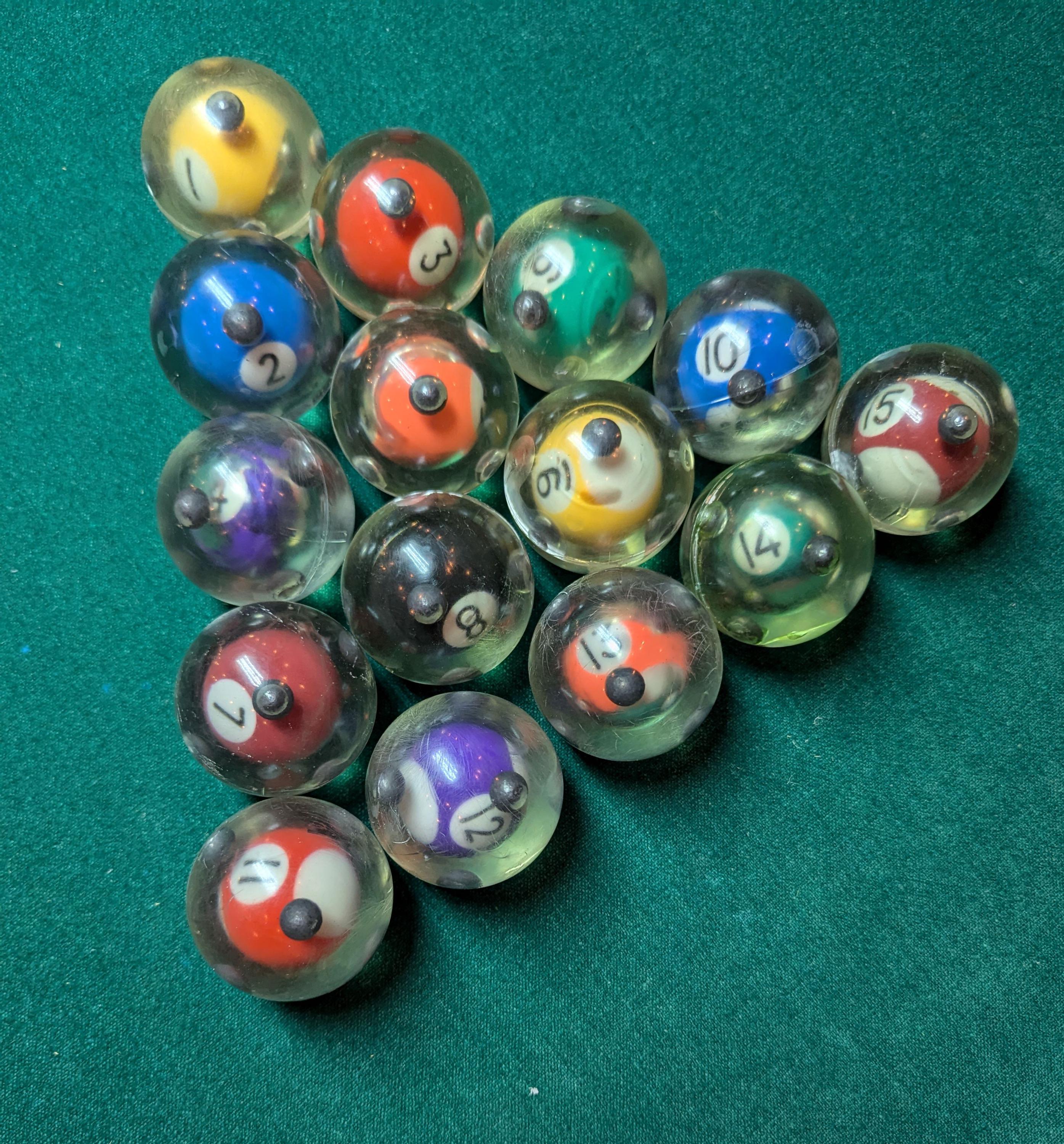 Entire set of clear pool balls with center balls