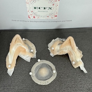 May include: Three prosthetic ears and a small, round prosthetic piece are displayed. The ears are flesh-toned with white edges and attached with pins. The round piece has a central, light-colored area and the text "ECFX". The top of the image has the text "ECFX PROSTHETICS".