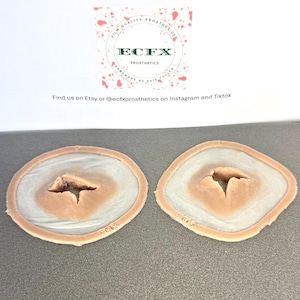 Puede incluir: Dos pr&oacute;tesis de heridas. Cada una tiene un centro color carne con una abertura profunda e irregular, rodeada de un material transl&uacute;cido similar a la piel y un borde fino color carne. El logotipo de ECFX es visible.