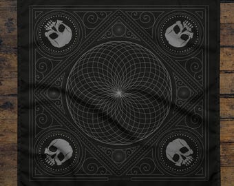 May include: Black bandana with a white geometric design and four stylized skulls in the corners. The text "Established Society" is printed in white at the bottom.