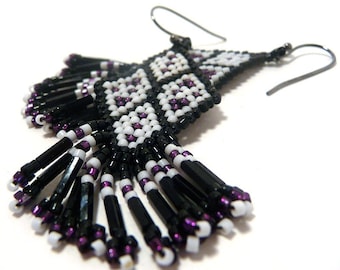 Handcrafted Earrings -- Bushman's Shield -- black, white, purple