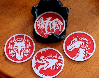 3D Printed Dragon Coaster Set with Dragon Paw Holder - Hueforge designed, two-color, PLA fantasy drink holder