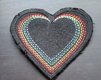 Rainbow Heart Patch - Embroidered iron-on or sew-on patch - machine embroidered  3 inch heart-shaped, colorful, iconic