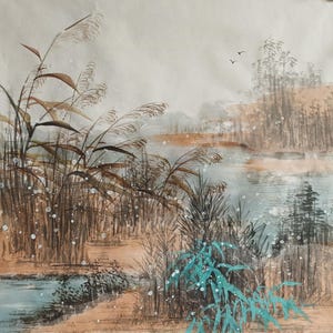 Handpainted Original Chinese Landscape Painting, Chinese Sumi-e Painting, Bamboo and Reed by the Water, Winter Scenery, Desk Ornament