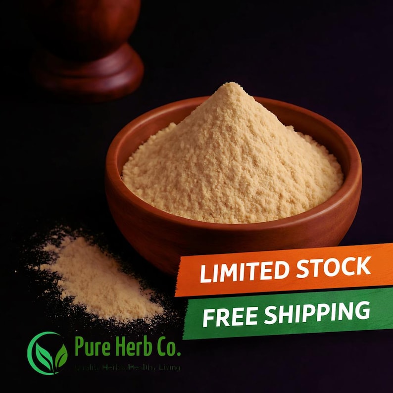 May include: A wooden bowl containing light brown powder, with a small amount of powder spilled beside it. The image includes the text "LIMITED STOCK" and "FREE SHIPPING" on a banner. The logo for "Pure Herb Co." is also visible.