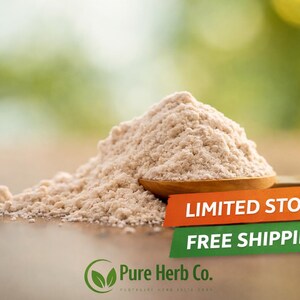 May include: A mound of light brown powder is in a small wooden bowl. The powder is on a wooden surface with a blurred green and brown background. The image includes the text "LIMITED STOCK" and "FREE SHIPPING".