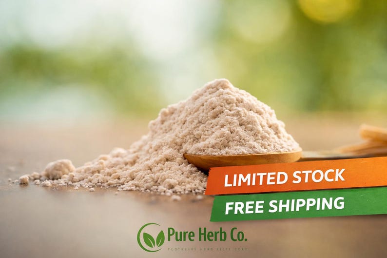 May include: A mound of light brown powder is in a small wooden bowl. The powder is on a wooden surface with a blurred green and brown background. The image includes the text "LIMITED STOCK" and "FREE SHIPPING".