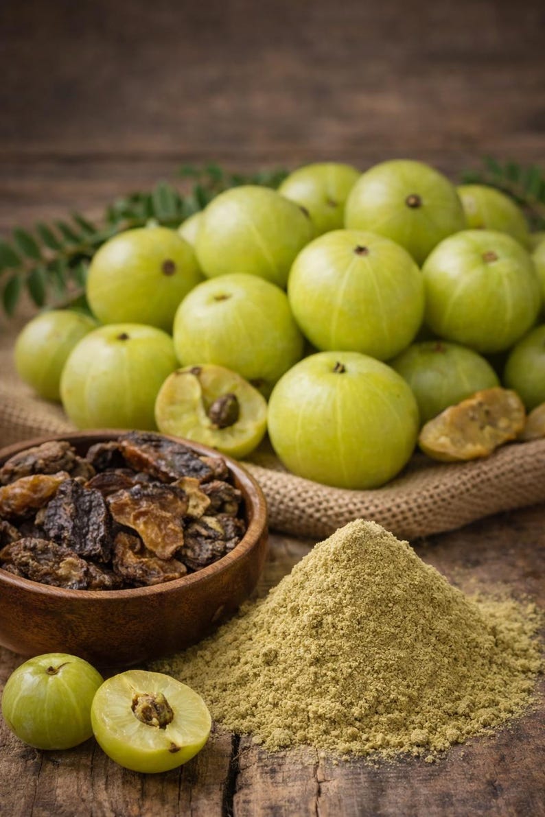 May include: A still-life image featuring fresh green amla fruits, dried amla pieces in a wooden bowl, and a pile of amla powder. The fruits are whole and halved, showcasing their interior. The composition is set on a rustic wooden surface.