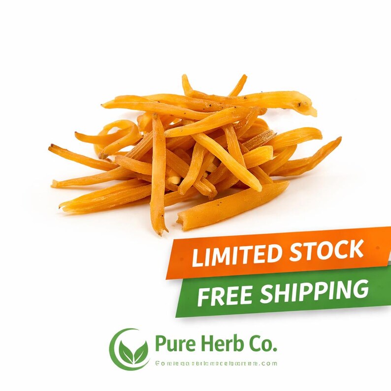May include: A pile of dried, orange-yellow fingerroot pieces. The image includes text that reads "LIMITED STOCK" on an orange banner and "FREE SHIPPING" on a green banner. The Pure Herb Co. logo is also visible.