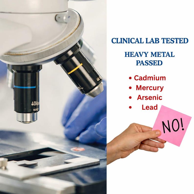 May include: A microscope with a blue-gloved hand holding a pink sticky note that says "NO!". The text "CLINICAL LAB TESTED, HEAVY METAL PASSED" is displayed, along with a list of heavy metals including cadmium and mercury.