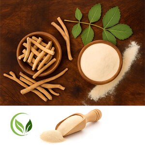May include: An overhead shot shows ashwagandha root pieces, powder, and leaves on a wooden surface. Two small wooden bowls contain the root pieces and powder. A wooden scoop with powder is also visible. The background is dark brown.