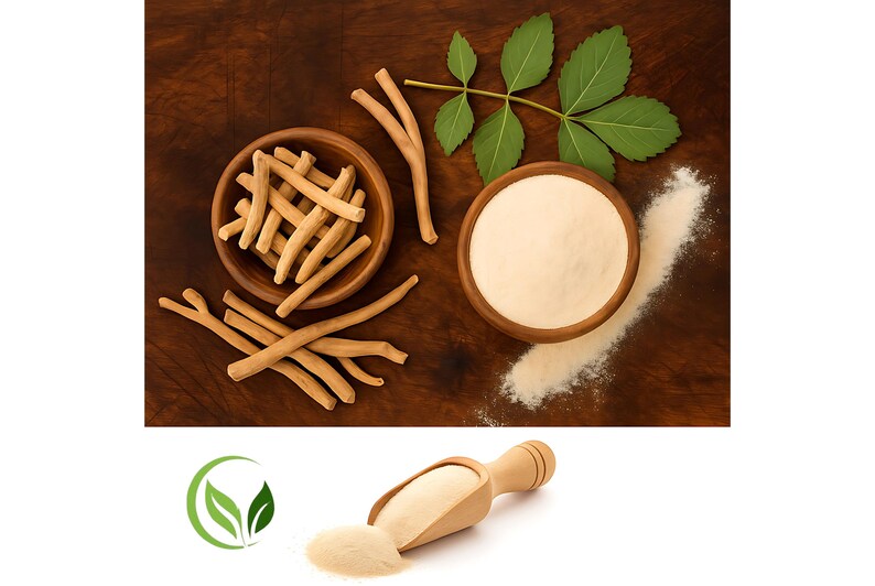 May include: An overhead shot shows ashwagandha root pieces, powder, and leaves on a wooden surface. Two small wooden bowls contain the root pieces and powder. A wooden scoop with powder is also visible. The background is dark brown.