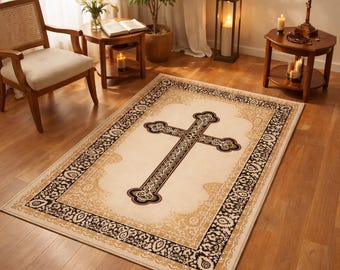Special Christian Prayer Rug: Ornate Cross Carpet, Christian Worship Gift, Unique Altar Mat, Religious Home Decor, Iconic Church Design