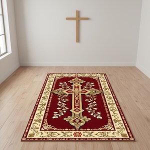 Orthodox Christian Kneeling Mat: Red Gold Cross Gift, Prayer Rug Home Altar Decor
