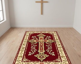 Orthodox Christian Kneeling Mat: Red Gold Cross Gift, Prayer Rug Home Altar Decor