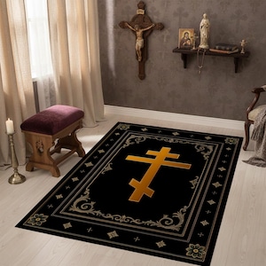 Elegant Orthodox Christian Prayer Rug: Gold Byzantine Cross Design, Unique Religious Worship Mat, Vintage Style, Spiritual Gift Idea