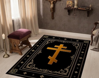 Elegant Orthodox Christian Prayer Rug: Gold Byzantine Cross Design, Unique Religious Worship Mat, Vintage Style, Spiritual Gift Idea
