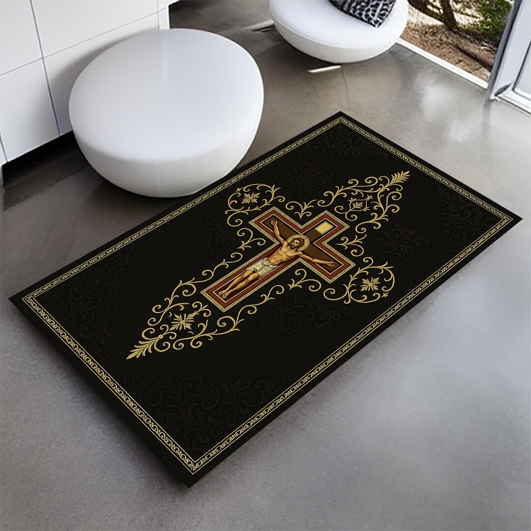 Elegant Christian Prayer Mat: Jesus Cross Design,black Gold Religious ...