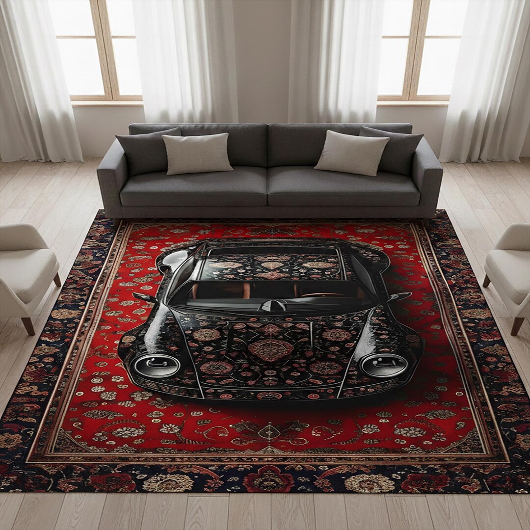 Luxury Porsche Design on Persian Rug, Oriental Sports Car Area Carpet ...