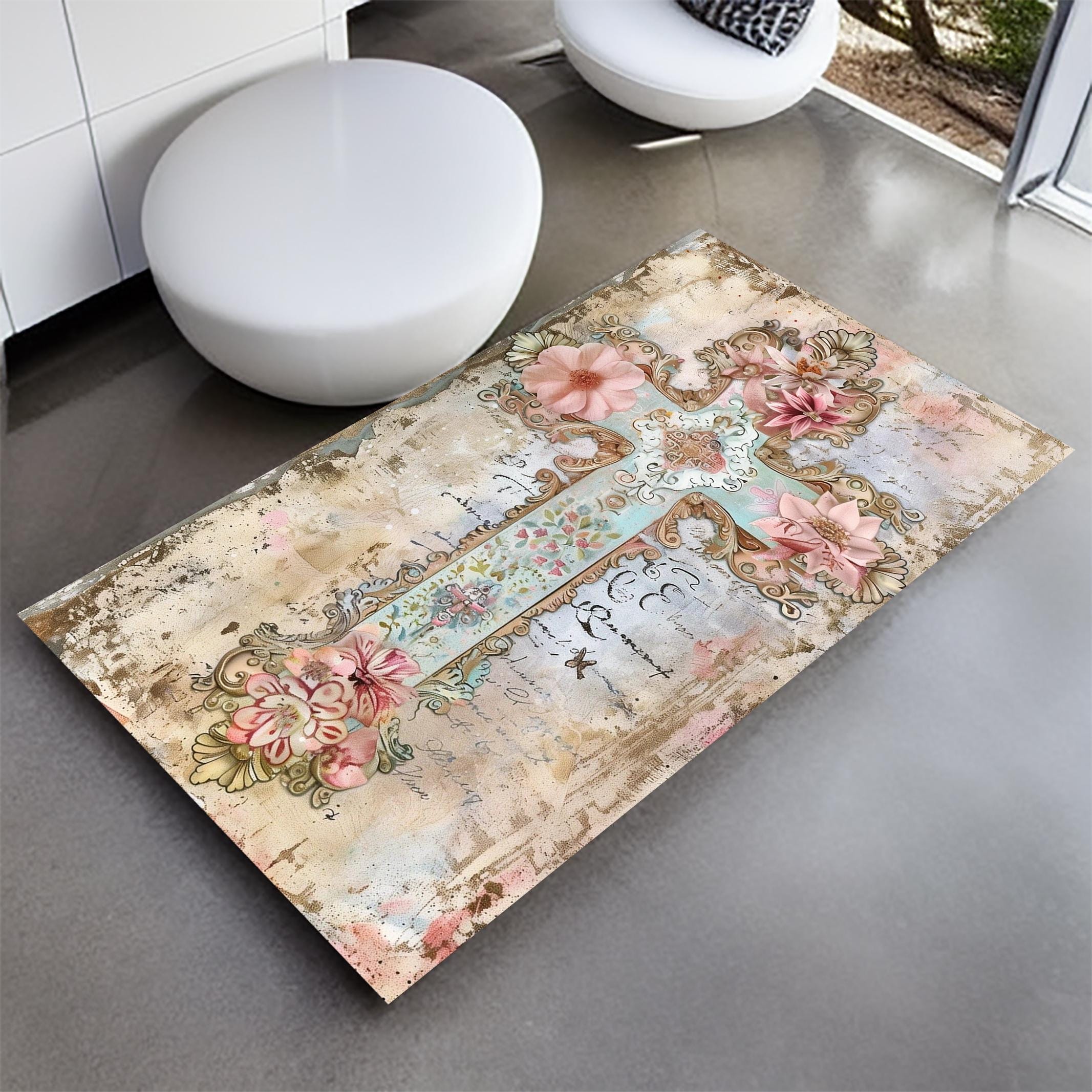 Floral Christian Mat, Cross Symbol Prayer Rug, Custom Christian Mat, Christian Gifts, Cross Sign, Religious Rug, Jesus Rug, Christian Cross
